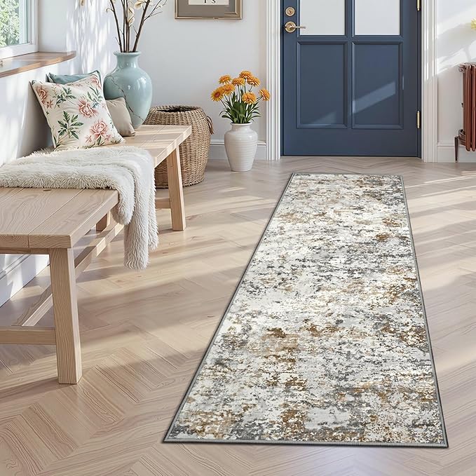 Toneed Washable 2x6 Non-Slip Abstract Runner Rug for Hallway Kitchen | Soft Modern Low Pile Area Rugs for Bedroom Laundry Living room,Indoor Carpet for Bedside Home Decor, Brown