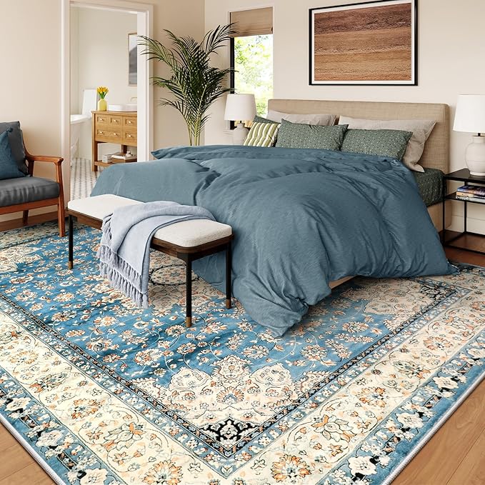 Lahome Felice Oriental Floral Medallion Area Rug - 9x12 Large Rugs for Living Room Soft Rugs for Bedroom, Printed Non Slip Non Shedding Dining Room Carpet for Nursery Playroom Home Decor, Blue