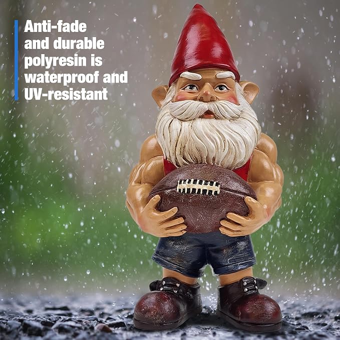 Better Office Products Garden Gnome Statue, 12" Height, Handcrafted Waterproof, UV-Resistant Polyresin Lawn Patio Porch Ornament Decoration (Muscled Football Player with Glowing Solar Light)