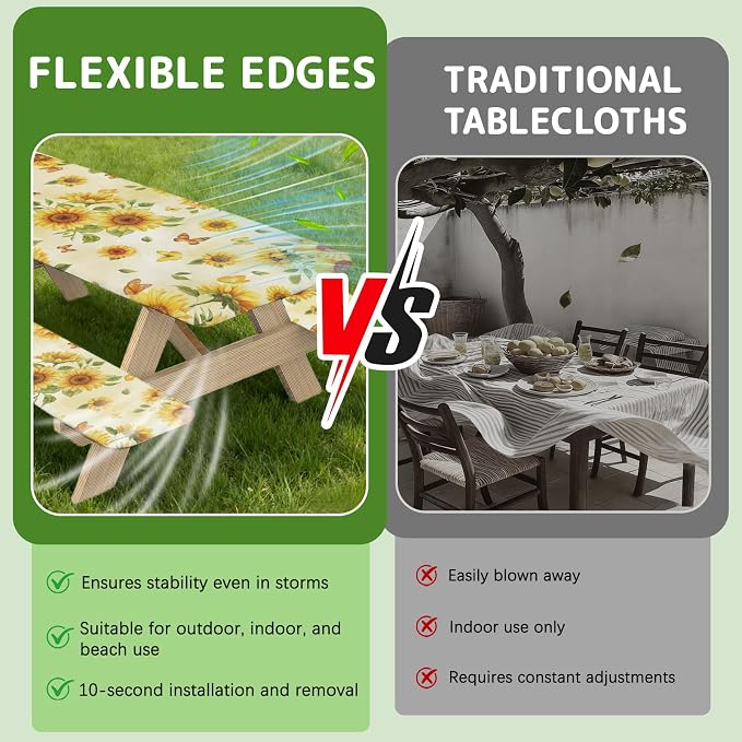 Picnic Table Cover with Bench Covers Elastic Edges, 3 Pcs Sunflower Fitted Table Cover with Drawstring Bag, Waterproof Windproof Aesthetic Camping Tablecloth, Outdoor Camping Essentials 72 Inch