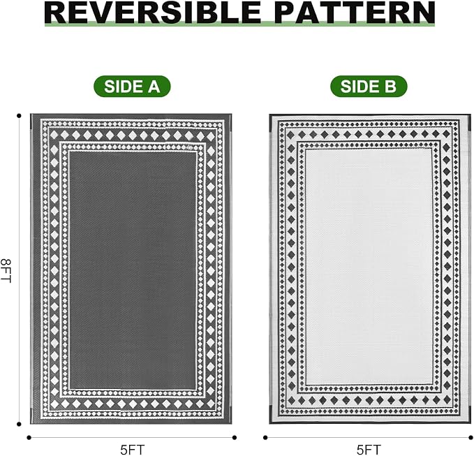 RURALITY Outdoor Rugs 5x8 Waterproof for Patios Clearance,Plastic Straw Mats for Backyard,Porch,Deck,Balcony,Grey and White