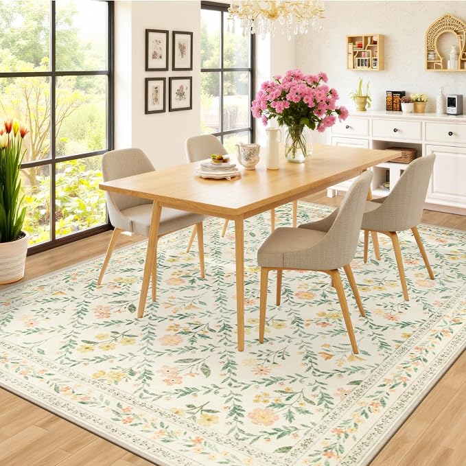 PLHXFR Area Rug 10x12 Living Room: Floral Washable Boho Carpet Beige Multi | For Bedroom Dining Room Farmhouse Nursery Hallway,Vintage Floral,Machine washable,Non Slip,Stain Resistant,Large Indoor