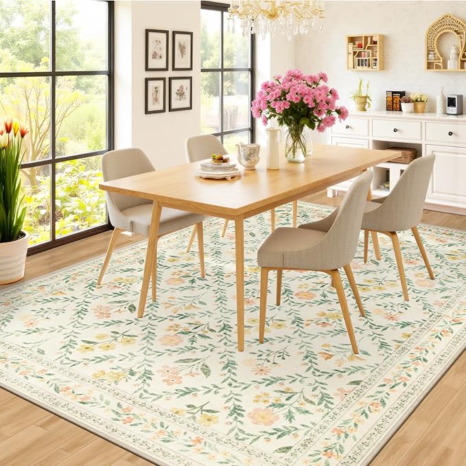 PLHXFR Area Rug 9x12 Living Room: Floral Washable Boho Carpet Beige Multi | For Bedroom Dining Room Farmhouse Nursery Hallway,Vintage Floral,Machine washable,Non Slip,Stain Resistant,Large Indoor