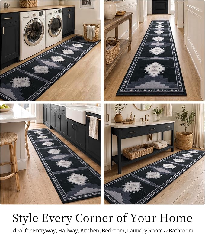2'x8' Non-Slip Kitchen Runner Rug, Black and Grey Western Aztec Rug | Washable, Low Pile, Soft, Southwestern Geometric Design, for Entryway Hallway Boy Bedroom, Stain Resistant