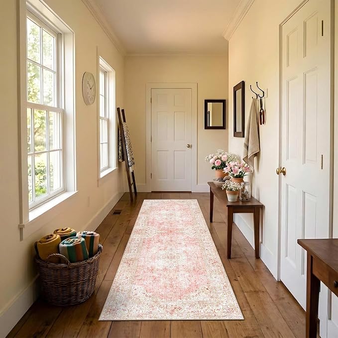 Latte&Fog Washable Hallway Runner Rug 2x6 Non Slip Pink Rugs for Kitchen | Low Pile Soft Cute Throw Rug Doormat for Entrance Bathroom Laundry Bedside Bedroom Nursery Playroom Hallyway Dorm Office