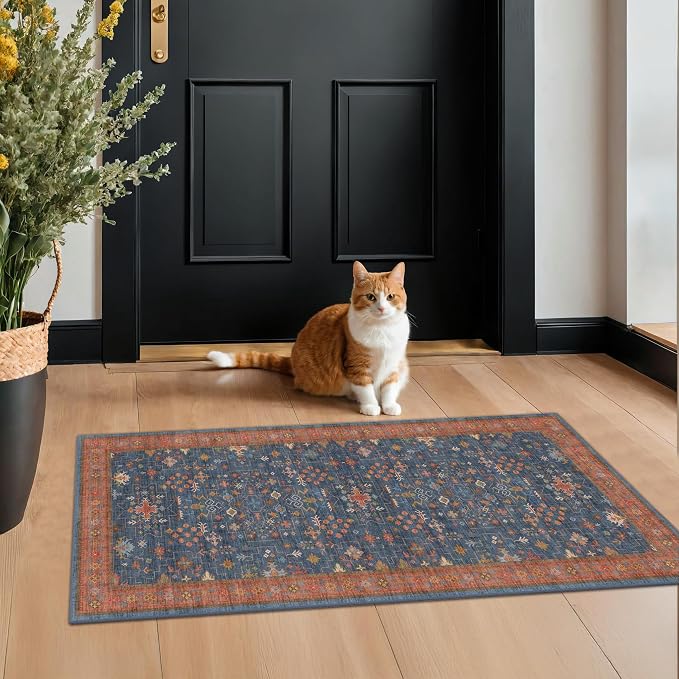 Washable 2x4 Entry Rug Front Door Indoor, Farmhouse Small Area Rugs for Kitchen, Bathroom, Entrance, Non Slip Rubber Backed, Perfect for Boho Décor (2x4 Navy Blue)