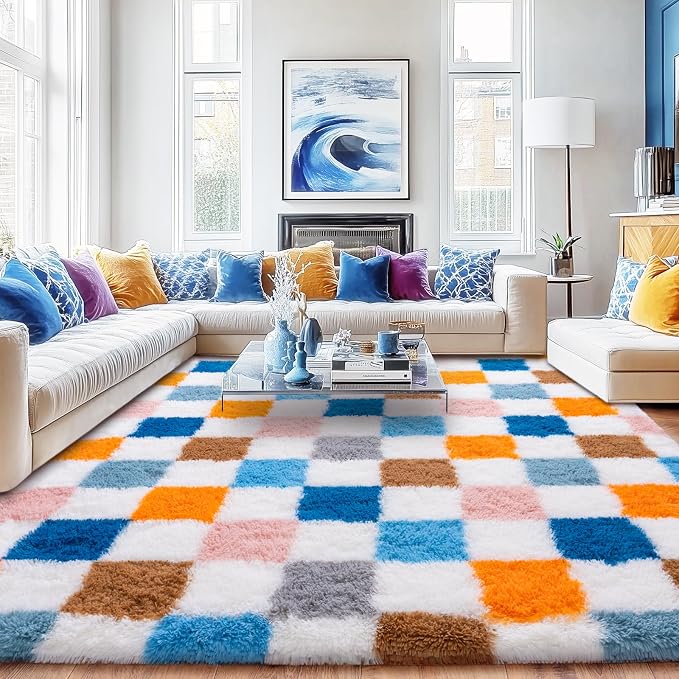 Checkered Rug 6x9 for Living Room, Ultra Shag Large Rainbow Area Rug for Bedroom, Modern Plush Soft Upgrade Non-Slip Fluffy Fuzzy Carpet for Kids Girls Room, Dorm Home Decor