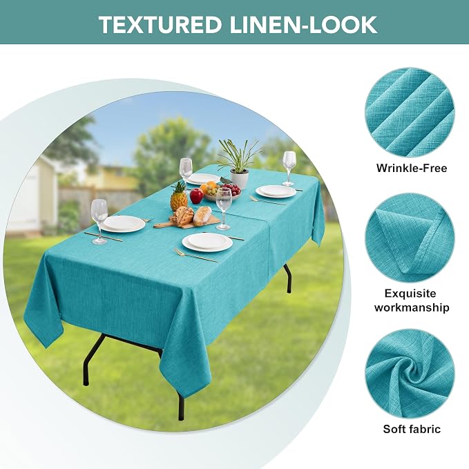 LUSHVIDA Outdoor Tablecloth with Umbrella Hole - Patio Table Cloth Zippered Rectangle 60x84 Inch, Teal Linen-Look Polyester Table Cover Water Resistant for Picnic Outside