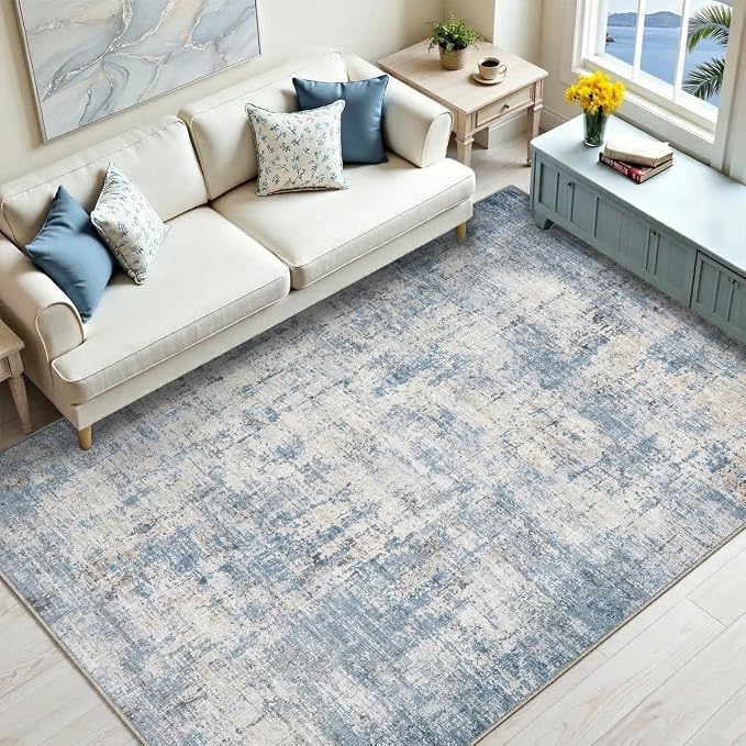Washable 4'x6' Abstract Area Rug for Bedroom Living Room Blue White | Modern Carpet For Bedroom Kitchen Office Hallway Entryway Printed Pattern Home Decor Non-Slip Stain-Resistant Easy To Clean
