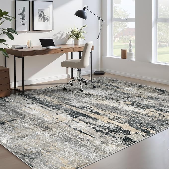 pmtsns Area Rugs 6x9 for Living Room: Washable Rug Modern Abstract Neutral Soft Non-Slip Low-Pile Indoor Carpet for Bedroom Dining Room Playroom Home Office (Black Grey Brown, 6'x9')