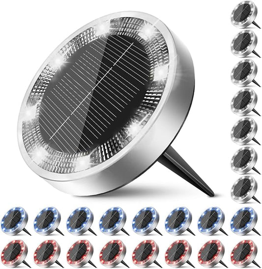 Peasur Solar Ground Lights Outdoor, 24 Pack Flat Solar Powered Disc Lights, IP68 Waterproof, Anti-Rust, Landscape Lighting for Pathway Garden Yard Lawn Walkway Landscape Driveway, Red+Blue+Cool White