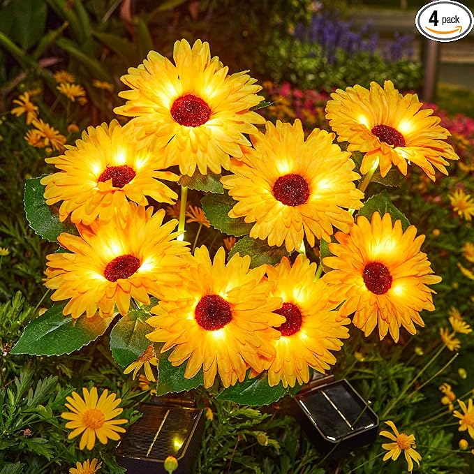 WdtPro 4 Pack Outdoor Solar Garden Lights with 16 Glowing Daisy Flowers & Stems, Waterproof Solar Flowers Lights for Outside Yard Patio Decor