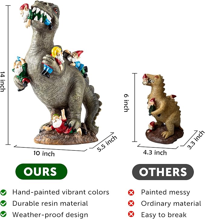 SOWSUN Garden Gnomes Statues Yard Decorations Outdoor Garden Decor, 14” Dinosaur Gnomes Garden Statues, Patio, Lawn Ornament, Gardening Gifts for Women for Housewarming