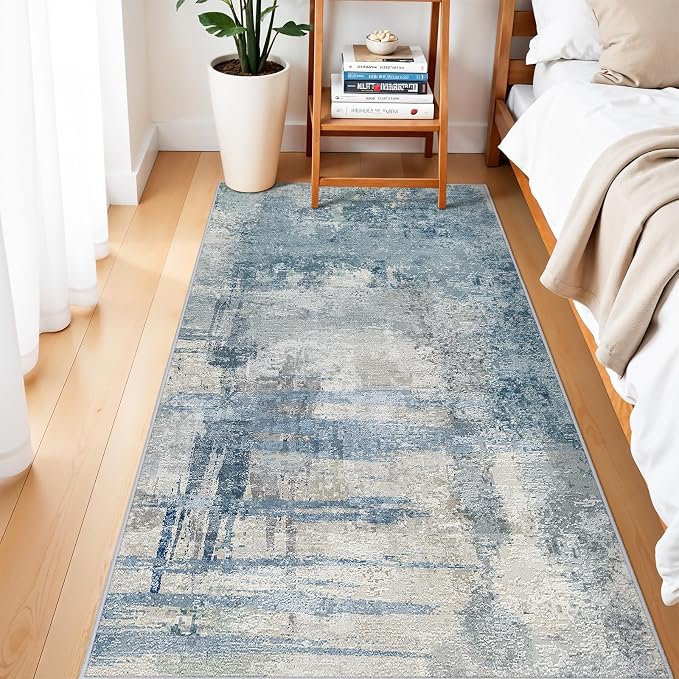 Blue Abstract 3x6 Washable Rug:Non Slip Hallway Runner Rug | Modern Soft Low Pile Neutral Carpet, Perfect for Kitchen, Entryway, Bedroom and Laundry Room