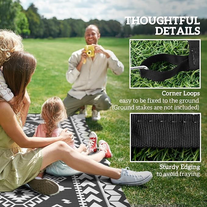 Outsunny Outdoor Rug for Patio, 9' x 18' Waterproof Large Mat, Reversible Plastic Straw Rug for Decor, Portable Outside RV Camping Area Carpet Mat for Backyard Porch Deck Picnic, Black & White Rhombus
