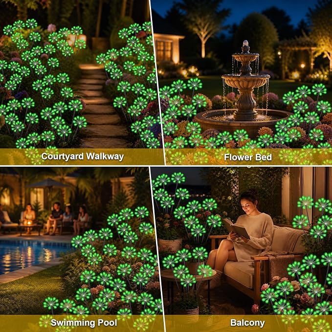 Solar Garden Lights Outdoor, Upgraded Solar Swaying Starburst Light Waterproof with 2 Modes, Solar Fairy Firework Lights for Yard Patio Pathway Flowerbed Balcony Garden Decoration (Green, 4 Pack)