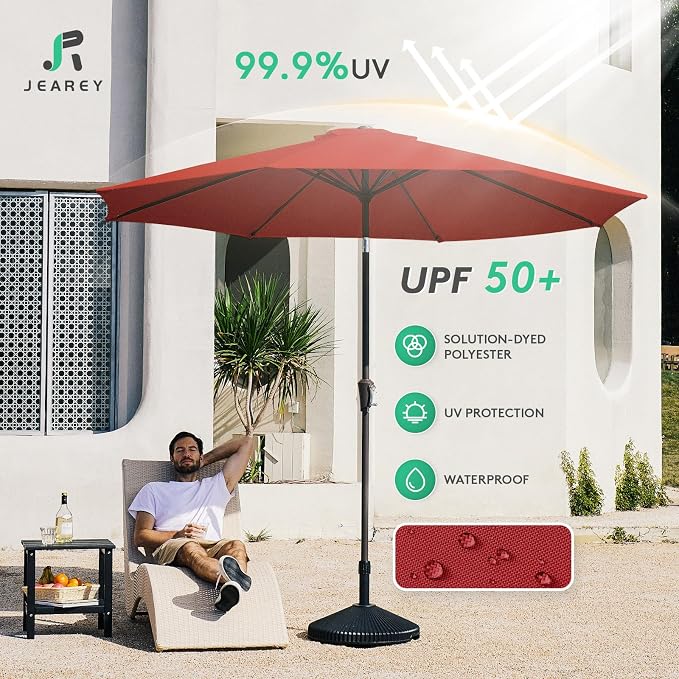 JEAREY 10FT Outdoor Patio Umbrella Outdoor Table Umbrella with Push Button Tilt and Crank, Market Umbrella 8 Sturdy Ribs UV Protection Waterproof for Pool, Garden (Red)