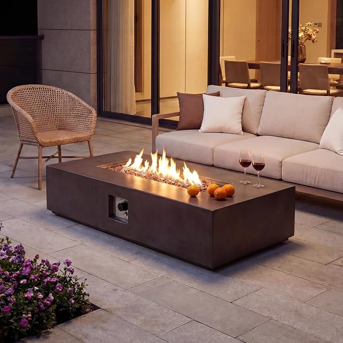 COSIEST Outdoor Propane Fire Pit Table 56-inch x 28-inch Rectangle Bronze Compact Concrete-Like Finish, 50,000 BTU, Free Lava Rocks, Fits 20lb Tank Outside, Raincover