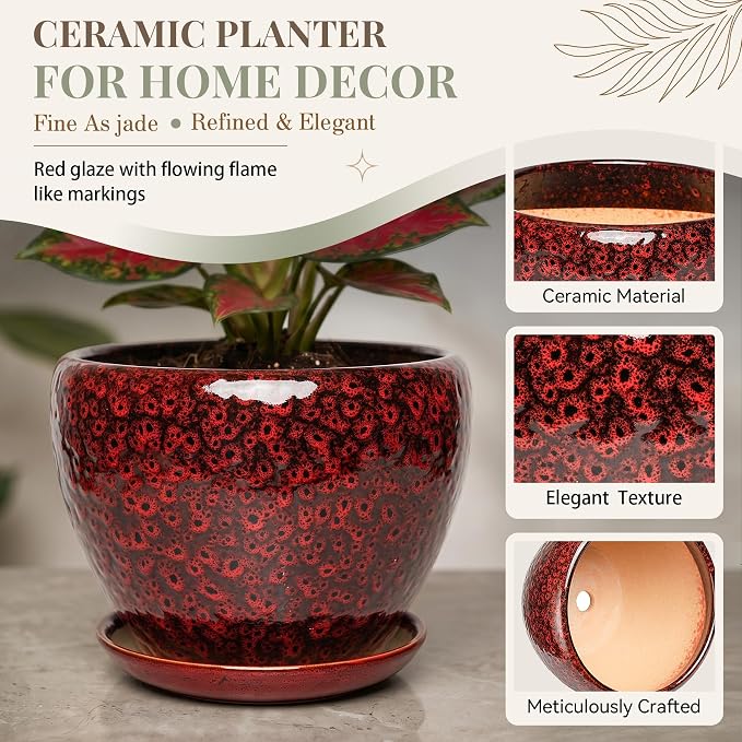 7.5 Inch Ceramic Plant Pot with Drainage Hole Mesh Net,Modern Gardening Pots for Indoor Plants with Saucer, Speckle Red