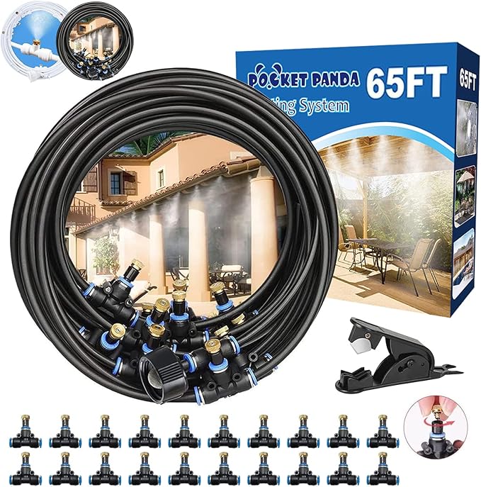 Misters for Outside Patio, 65FT|20M Outdoor Water Misting Cooling System. Backyard Mist Kit for Garden Greenhouse Fan Deck Umbrella Canopy Pool Porch Trampoline Sprinkler Park BBQ Party Accessories