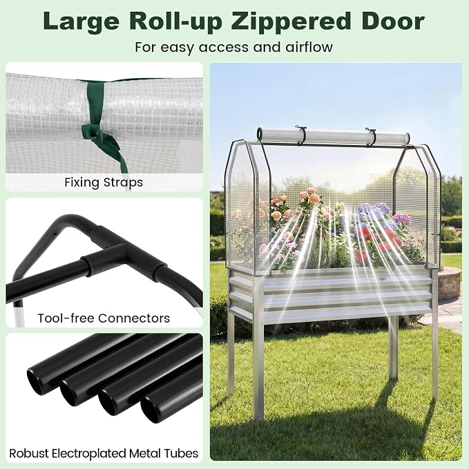 Giantex Raised Garden Bed with Legs & Greenhouse Cover, 44x22x60 Elevated Metal Planter Box with Roll-up Door, Outdoor Mini Greenhouse for Vegetable Flower Herb Patio Balcony (Silver,2)