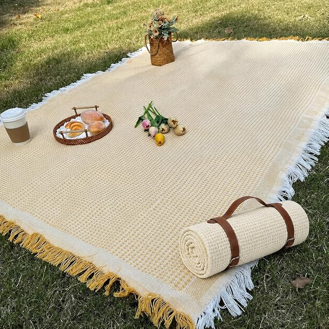 White Picnic Blanket, Extra Large Soft Cotton Gauze Picnic Rug 71"x71", Lightweight Breathable Blanket with Leather Handle, Machine Washable for Beach, Camping, Park, Couples (Yellow)