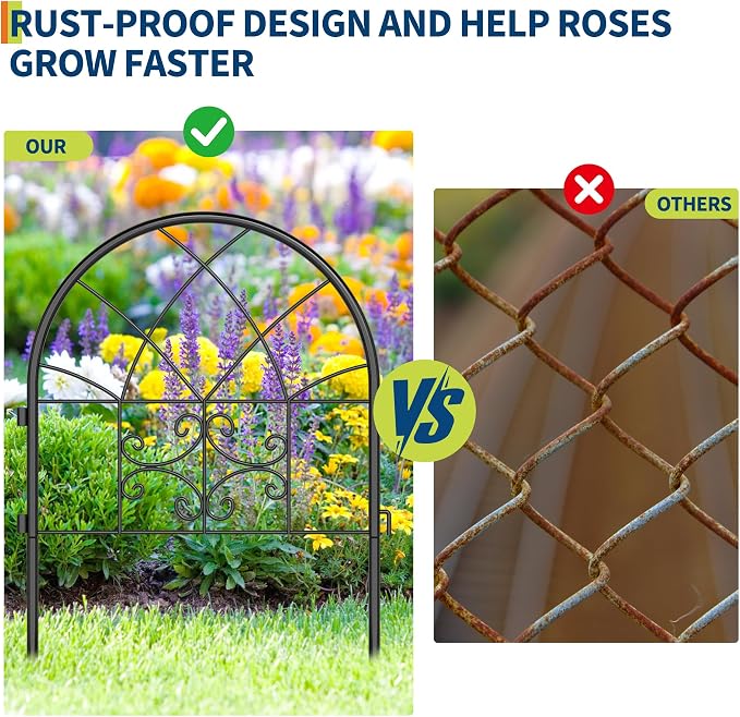 Garvee Decorative Garden Fence Panels 8-Pack, 20"x26" Black Metal Arched Border for Flower Bed Edging, Rustproof No-Dig Animal Barrier for Dogs, Rabbits, Patio & Yard Outdoor Decor