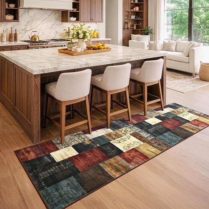 Runner Rug for for Hallways, 2'x6' Washable Kitchen Rugs with Non Slip Rubber Backing, Soft Low Pile Non-Shedding Geometric Carpet for Laundry Bedroom Bathroom, Colorful