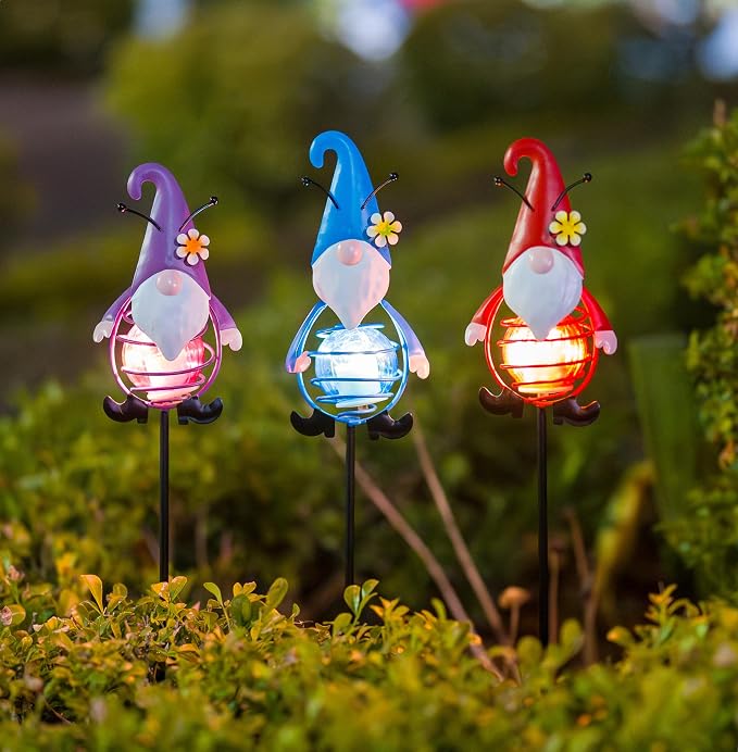 Gnome Solar Garden Lights, 22.4" H Waterproof Decorative Solar Stake Light, 3 Pcs Outdoor Statues Figurine Lights for Spring Garden Lawn Patio Yard Decoration