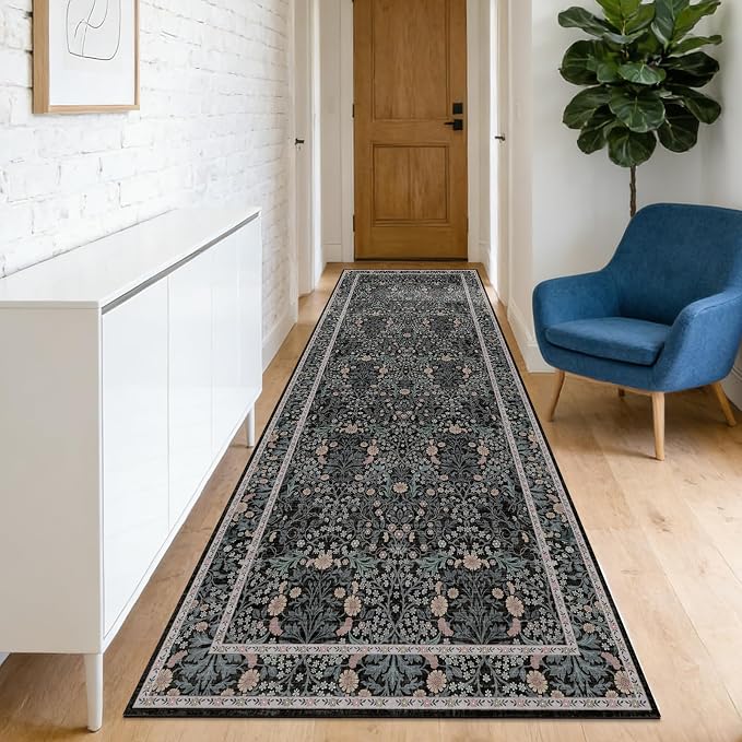 Washable 2'6" x 10' Runners for Hallways, Non Slip Long Floor Runner for Kitchen, Entryway Indoor, Stain Resistant Rubber Backing Floral Decor Rug (Black)