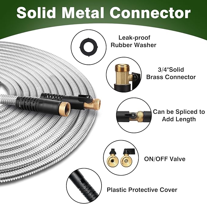 50FT Metal Garden Hose 304 Stainless Steel Flexible Water Hose - No Kink & Tangle Heavy Duty Pipe with Nozzle, Durable 3/4 Brass Fittings and Valve - Rust Proof Puncture Proof for Yard Lawn
