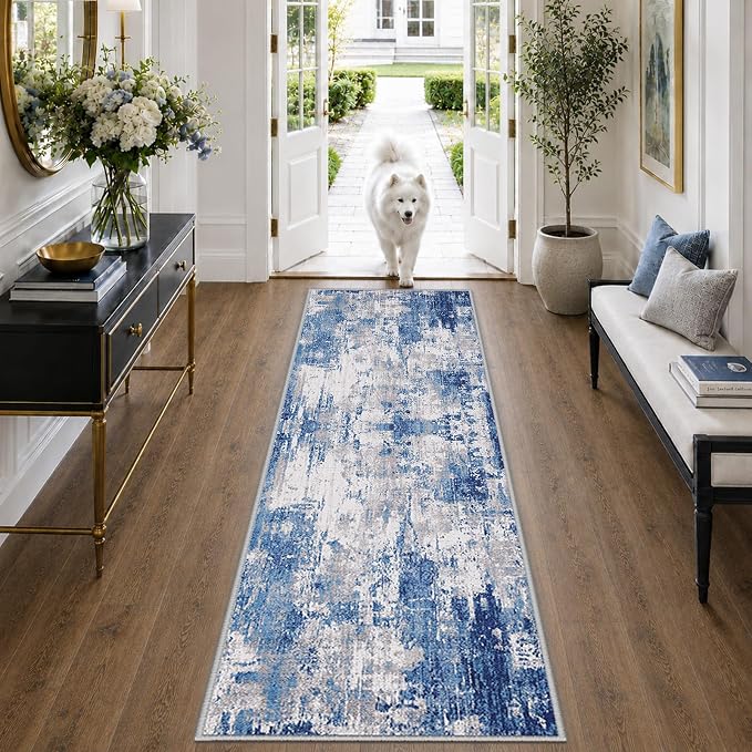 RELEANY Washable Runner 2'x8' Abstract Area Rug for Hallway Blue Gray | Carpet for Kitchen, Entryway, Bathroom, Living Room, Bedroom, Printed Pattern, Non‑Slip, Soft, Stain‑Resistant, Easy to Clean