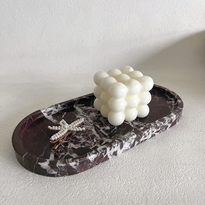 Natural Marble Oval Tray Ornaments Vintage Small Tray Storage Dish for Counter, Vanity, Dresser, Nightstand and Desk (Rosa Levanto)