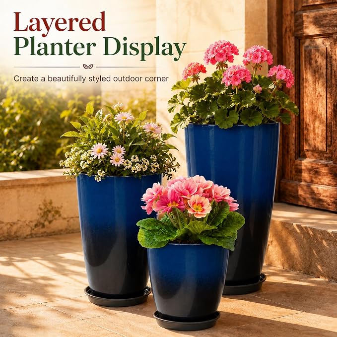 Neoaider Set of 3 Tall Planter, 24/21/12in Large Plastic Planter, Dark Blue | Ceramic-Look, Lightweight, Built-in Drain Hole, Saucers, Tall Outdoor Planter for Porch, Garden, Patio, Balcony