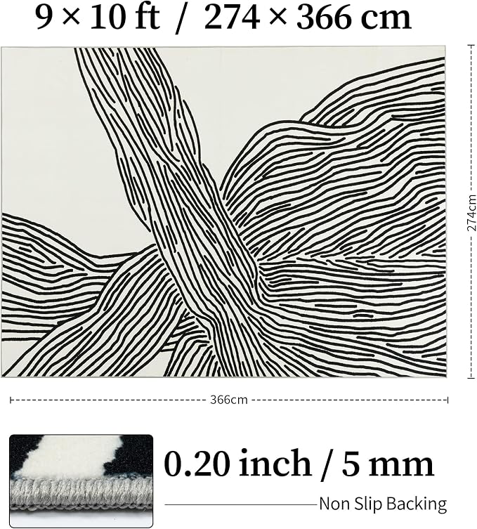 9×12 Ft Washable Rug, Black and White Abstract Area Rug for Bedroom, Living Room, Dining Room, Office, Playroom, Nursery, Ultra Thin Nonslip Modern Large Rugs Soft Contemporary Striped Rugs | Large modern abstract 9x12 rug, soft low pile with non-slip ...