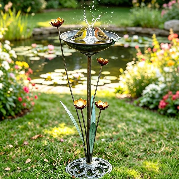 HOUYANG Diam 11.4" W x 32.3" H Cast Iron Pedestal Bird Bath, Bird Baths for Outdoors,Vintage Metal Bird Bath Garden Yard Decoration