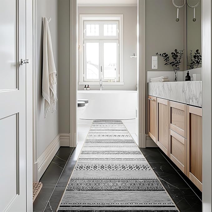 2x8 Washable Area Rugs for Living Room Boho Runner Rug Grey/Black/Navy | Vacuum Friendly, Machine Washable, Non-Slip Rug, Stain Resistant, Moroccan Geometric, Low Pile Carpet, Hallway Kitchen