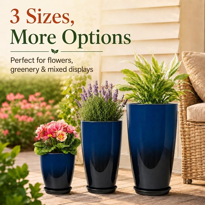 Neoaider Set of 3 Tall Planter, 24/21/12in Large Plastic Planter, Dark Blue | Ceramic-Look, Lightweight, Built-in Drain Hole, Saucers, Tall Outdoor Planter for Porch, Garden, Patio, Balcony