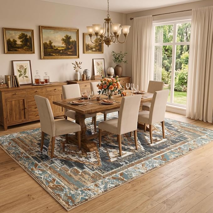Washable 6x9 Area Rug for Bedroom, Rustic Farmhouse Low-Pile Non-Slip Carpet, Stain Resistant Vintage Southwestern Rug for Living Room Dining Room, Blue Rust Ivory