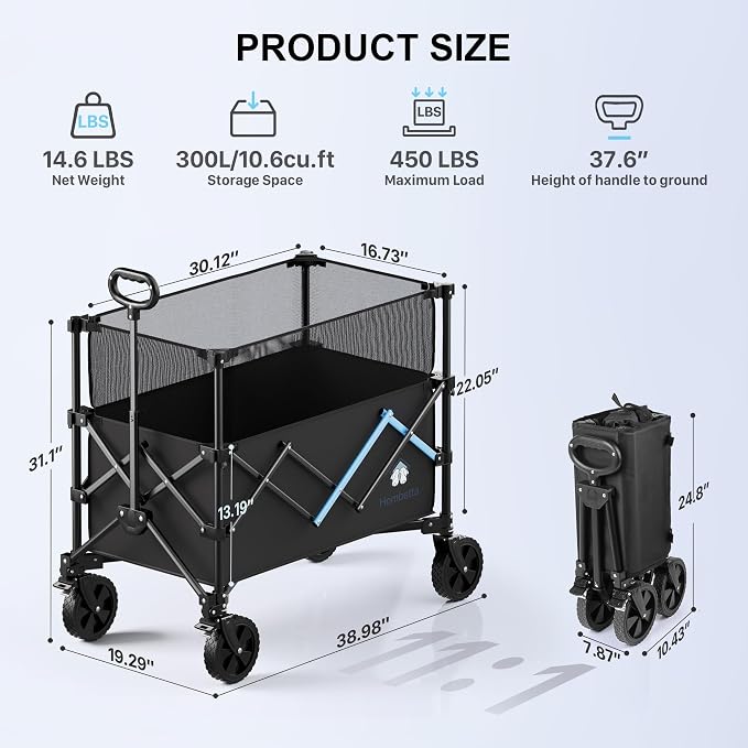 39" Collapsible Wagon Cart, 450 lbs Heavy Duty Folding Wagon with Brakes, Adjustable 150L-300L Utility Wagon with All-Terrain Wheels for Camping, Garden, Beach and Shopping
