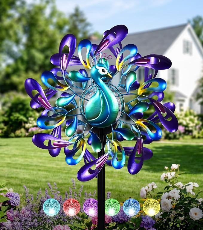 Peacock Wind Spinner Metal Kinetic Turquoise Green Garden Yard Art | Hand-Crafted, Shimmering turquoise metal peacock sculpture, Auto-glow solar crackle ball, Stable 5-prong stake