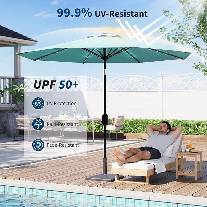 Patio Umbrella with Solar Lights, Outdoor Table Umbrella with 8 Durable Ribs, Tilt & Crank Mechanism, Water & UV Protection Sun Shade Umbrella for Garden, Poolside, Backyard (Yellow, 10 FT)