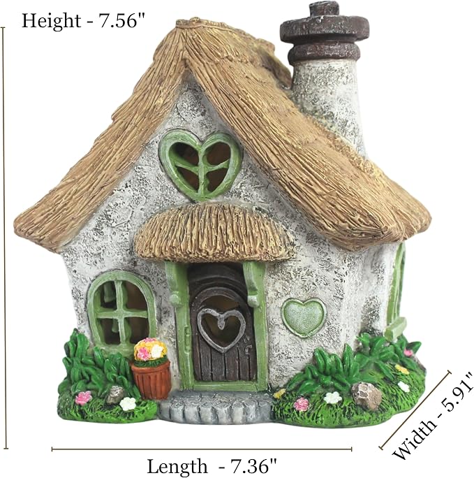 PRETMANNS Fairy House for Outside with Solar Powered LED Lights for Garden - Fairy Garden Houses for Outdoor - Miniature Accessories for Cottage Decor for Village - 7.56” High, Green