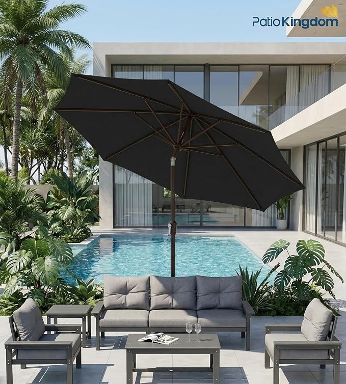 PatioKingdom 9FT Patio Outdoor Umbrella-UPF 50+ Sun Shade with Wind Vent, Push-Button Tilt & Smooth Crank Lift, Rust-Resistant Fiberglass Frame for Garden, Backyard,Yard (Black)