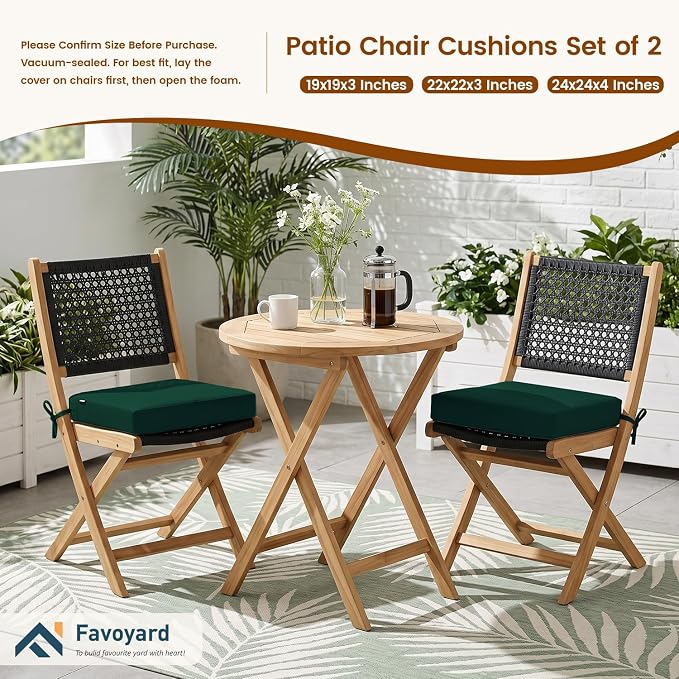 Favoyard Patio Chair Square Cushions Set of 2, Green, 19 x 19 x 3 inches | 5-Year Fade-resistant & Water-resistant Memory Foam Pad with Removable Cover & Ties for Outdoor Furniture Dining Chairs Seat