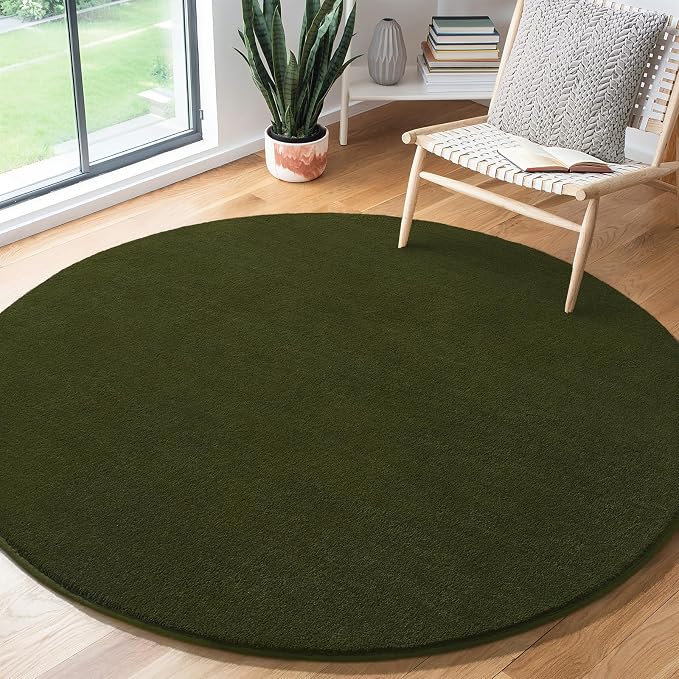 Amearea Olive Green Round Area Rugs 4ft Circle Rugs for Bedroom Living Room | Washable Fluffy Indoor Thickened Memory Foam Rug, Non Slip Minimalist Circular Carpet for Kids Boy Girl Dorm Nursery Room