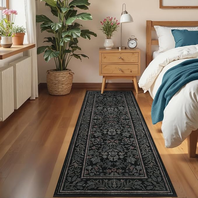 GarveeHome Washable 2.5x8 Hallway Runner Rug Non Slip Kitchen Rugs, Black | Boho Vintage Runner Rugs with Rubber Backing Soft Low-Pile Stain Resistant Indoor Long Carpet for Entryway Bedroom Laundry