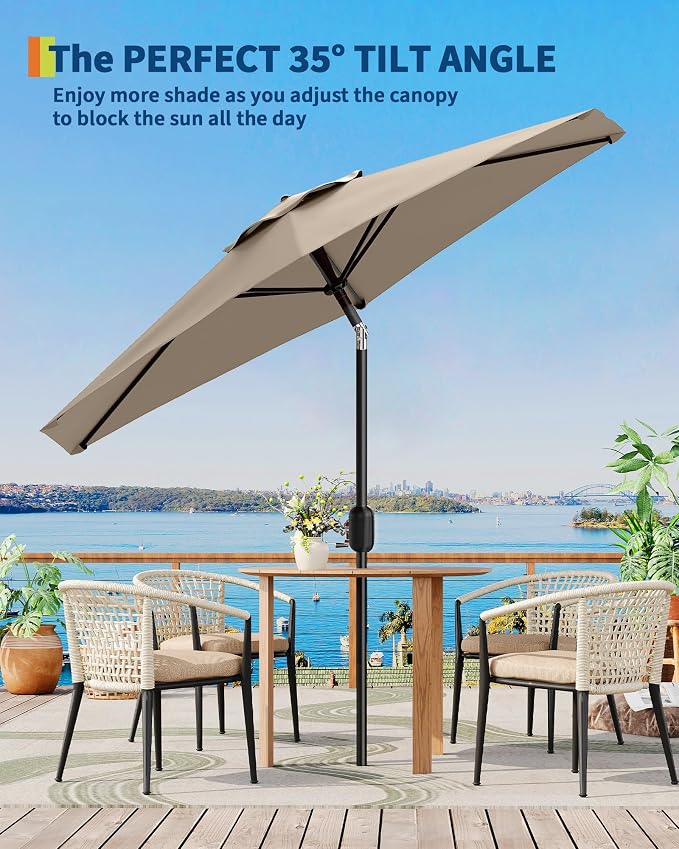 GarveeLife 7.5 ft Outdoor Patio Umbrella, Outdoor Table Umbrella, Market Umbrella with Push Button Tilt and Crank, 6 Sturdy Ribs UV Protection Waterproof for Garden, Deck, Backyard, Pool (Tan)