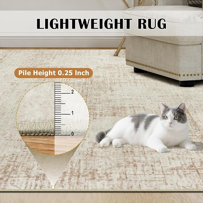 10x12 Area Rug for Living Room Bedroom: Non-Slip Modern Beige White | Machine Washable TPR Backing, Stain-Resistant Low Pile, Pet & Kid Friendly, Abstract Decor for Dining Room, Dorm, Home Office
