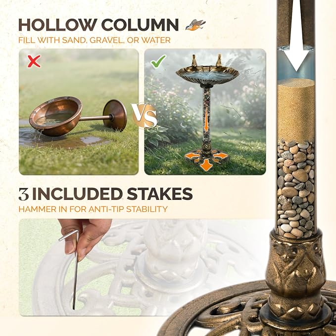 VINGLI Pedestal Bird Bath with Solar Fountain, Solar Pump Resin Birdbaths, Weather Resistant Bird Baths with Ground Stakes, Vintage Finish Garden Decor for Outdoor, Patio, Yard, Lawn (Copper Shell)